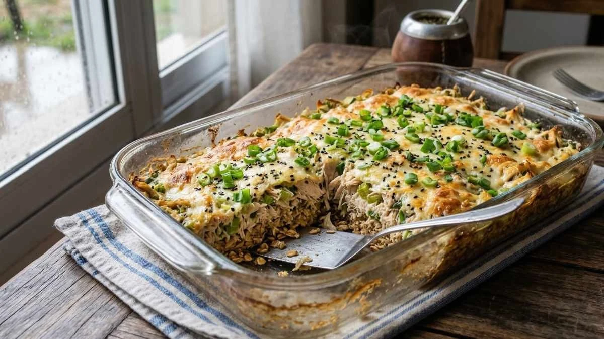 Krucha baza z płatków owsianych rewolucjonizuje obiad: Twoja nowa ulubiona zapiekanka z kurczakiem i zieloną cebulką